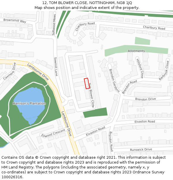 12, TOM BLOWER CLOSE, NOTTINGHAM, NG8 1JQ: Location map and indicative extent of plot