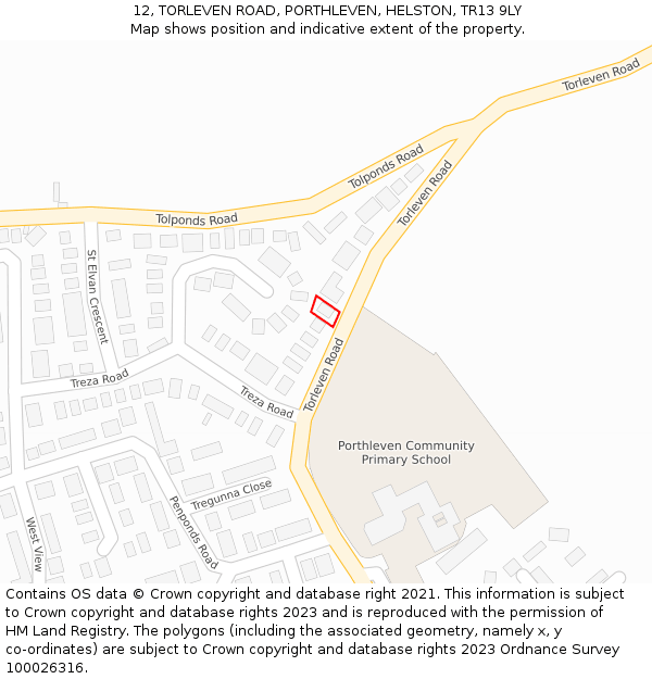 12, TORLEVEN ROAD, PORTHLEVEN, HELSTON, TR13 9LY: Location map and indicative extent of plot