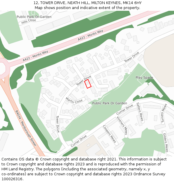 12, TOWER DRIVE, NEATH HILL, MILTON KEYNES, MK14 6HY: Location map and indicative extent of plot