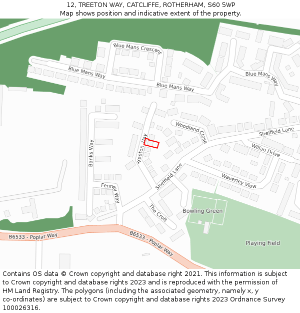 12, TREETON WAY, CATCLIFFE, ROTHERHAM, S60 5WP: Location map and indicative extent of plot