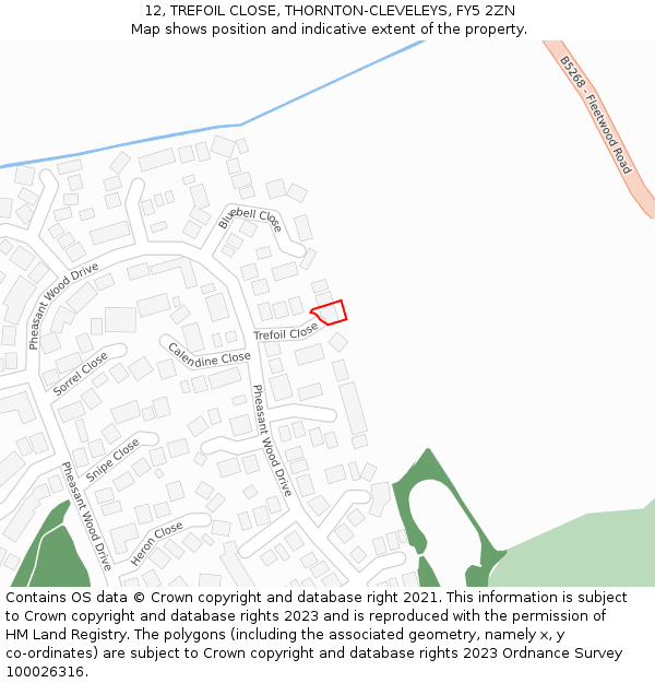 12, TREFOIL CLOSE, THORNTON-CLEVELEYS, FY5 2ZN: Location map and indicative extent of plot