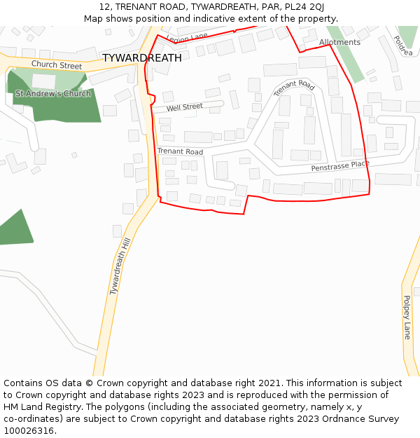 12, TRENANT ROAD, TYWARDREATH, PAR, PL24 2QJ: Location map and indicative extent of plot