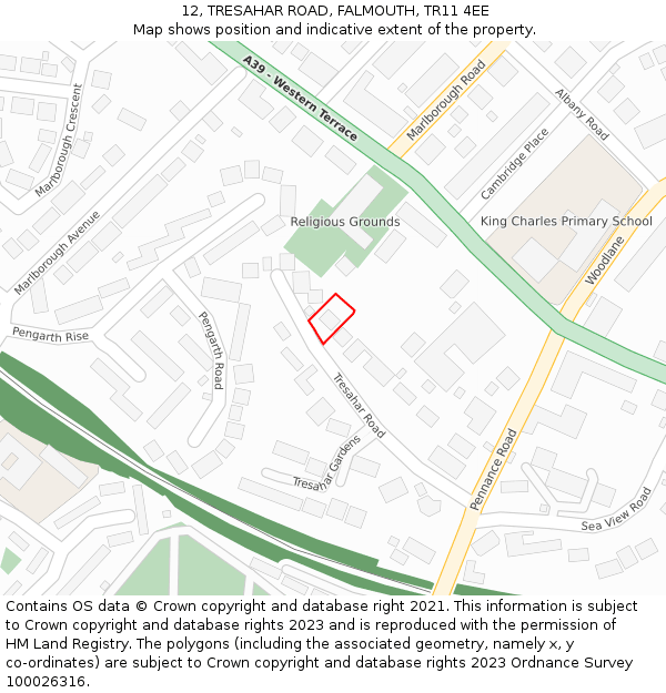 12, TRESAHAR ROAD, FALMOUTH, TR11 4EE: Location map and indicative extent of plot