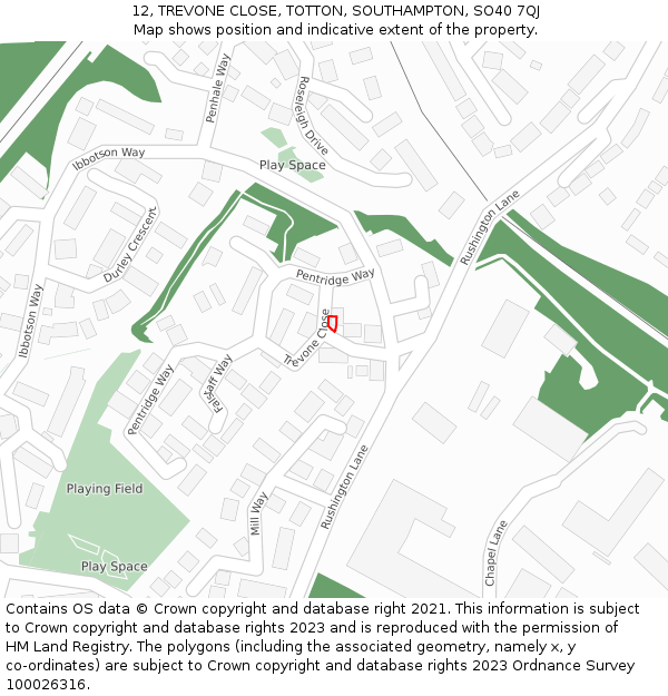 12, TREVONE CLOSE, TOTTON, SOUTHAMPTON, SO40 7QJ: Location map and indicative extent of plot