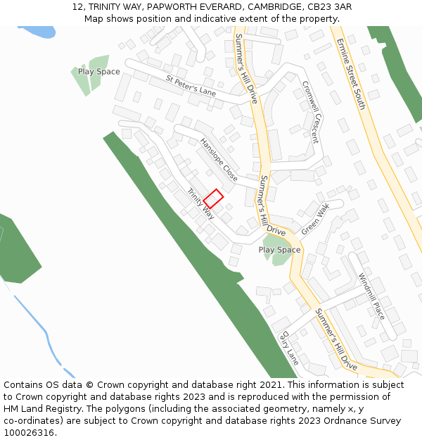 12, TRINITY WAY, PAPWORTH EVERARD, CAMBRIDGE, CB23 3AR: Location map and indicative extent of plot
