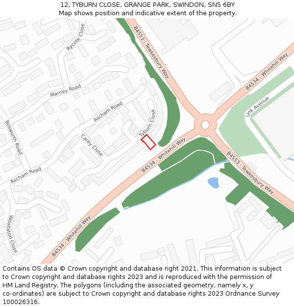 12, TYBURN CLOSE, GRANGE PARK, SWINDON, SN5 6BY: Location map and indicative extent of plot