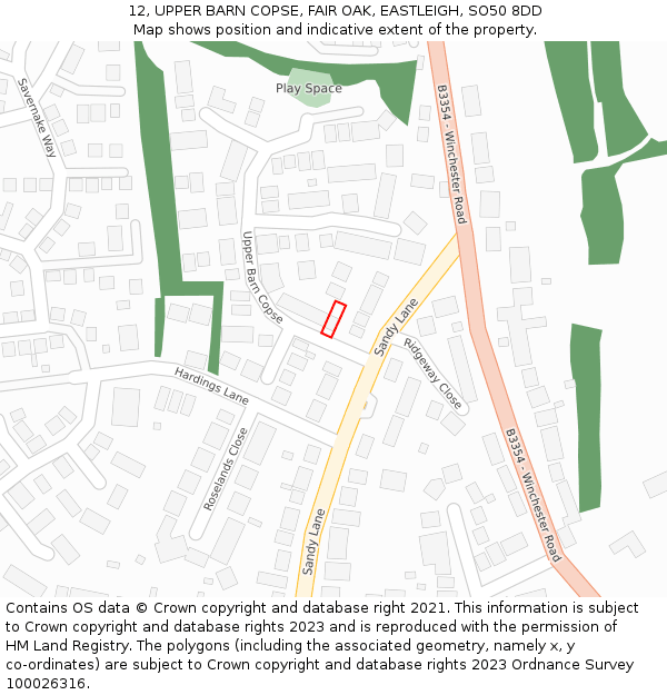 12, UPPER BARN COPSE, FAIR OAK, EASTLEIGH, SO50 8DD: Location map and indicative extent of plot