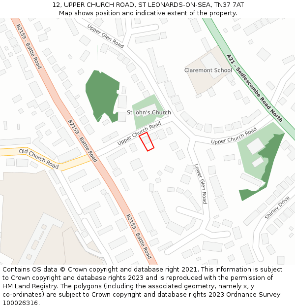12, UPPER CHURCH ROAD, ST LEONARDS-ON-SEA, TN37 7AT: Location map and indicative extent of plot
