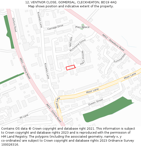 12, VENTNOR CLOSE, GOMERSAL, CLECKHEATON, BD19 4AQ: Location map and indicative extent of plot
