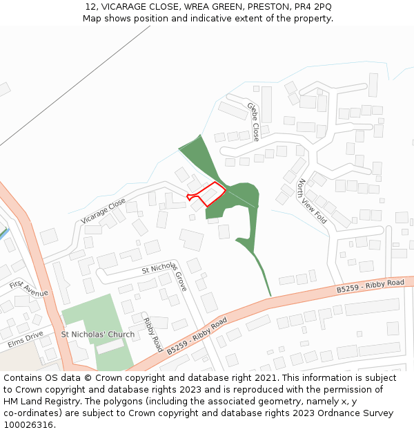 12, VICARAGE CLOSE, WREA GREEN, PRESTON, PR4 2PQ: Location map and indicative extent of plot