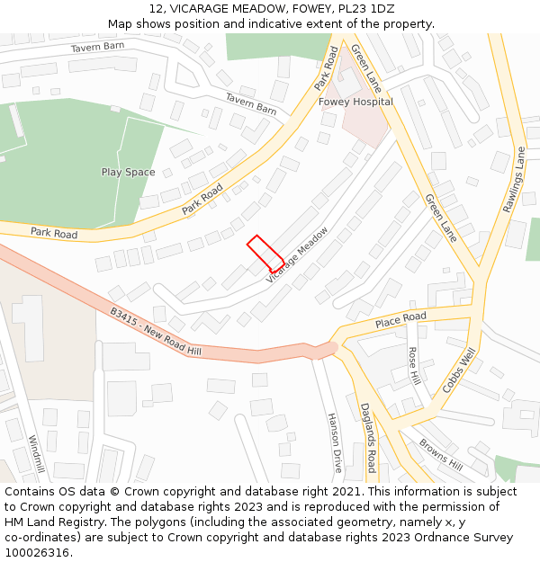 12, VICARAGE MEADOW, FOWEY, PL23 1DZ: Location map and indicative extent of plot