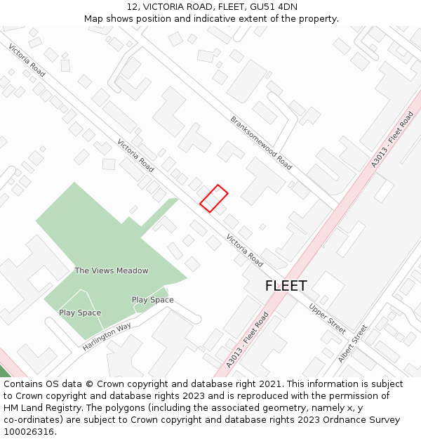 12, VICTORIA ROAD, FLEET, GU51 4DN: Location map and indicative extent of plot