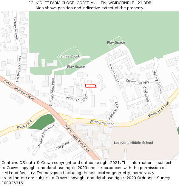 12, VIOLET FARM CLOSE, CORFE MULLEN, WIMBORNE, BH21 3DR: Location map and indicative extent of plot