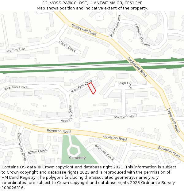 12, VOSS PARK CLOSE, LLANTWIT MAJOR, CF61 1YF: Location map and indicative extent of plot