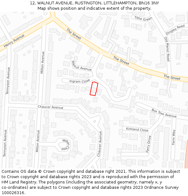 12, WALNUT AVENUE, RUSTINGTON, LITTLEHAMPTON, BN16 3NY: Location map and indicative extent of plot