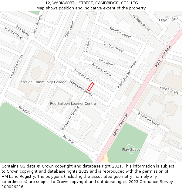 12, WARKWORTH STREET, CAMBRIDGE, CB1 1EG: Location map and indicative extent of plot