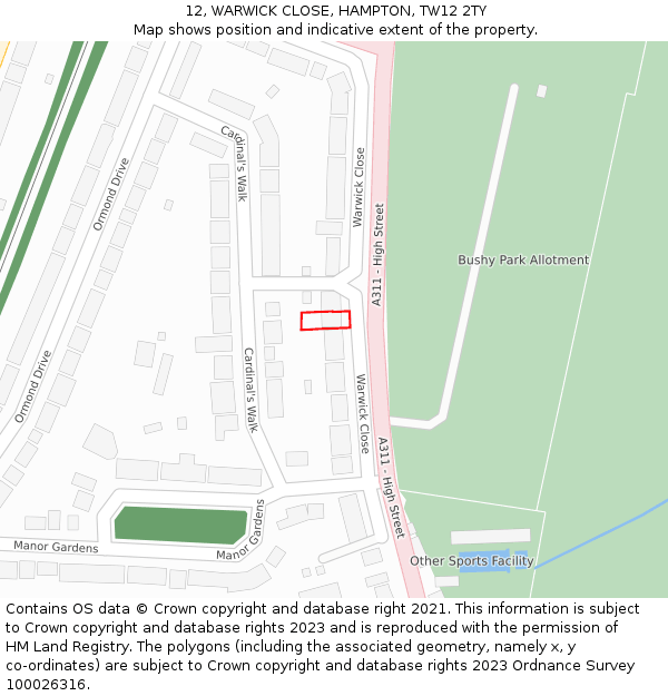 12, WARWICK CLOSE, HAMPTON, TW12 2TY: Location map and indicative extent of plot