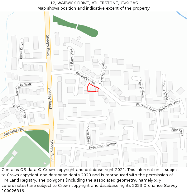 12, WARWICK DRIVE, ATHERSTONE, CV9 3AS: Location map and indicative extent of plot
