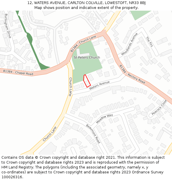 12, WATERS AVENUE, CARLTON COLVILLE, LOWESTOFT, NR33 8BJ: Location map and indicative extent of plot