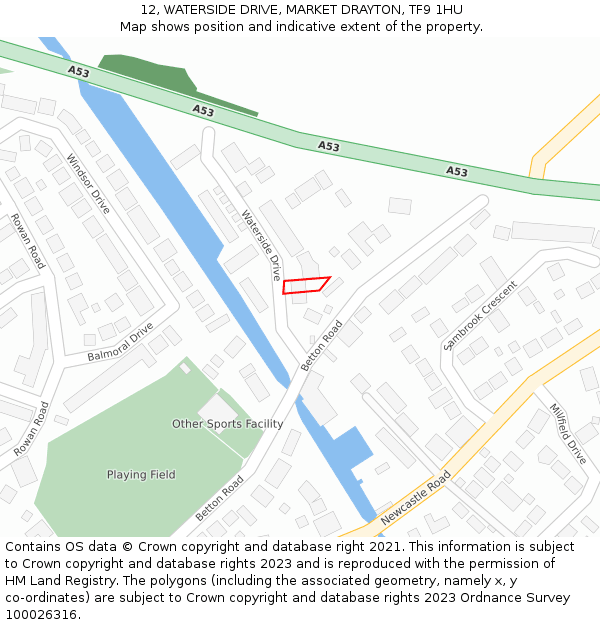 12, WATERSIDE DRIVE, MARKET DRAYTON, TF9 1HU: Location map and indicative extent of plot