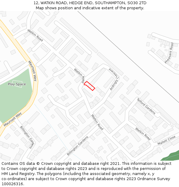 12, WATKIN ROAD, HEDGE END, SOUTHAMPTON, SO30 2TD: Location map and indicative extent of plot