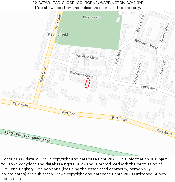 12, WEARHEAD CLOSE, GOLBORNE, WARRINGTON, WA3 3YE: Location map and indicative extent of plot