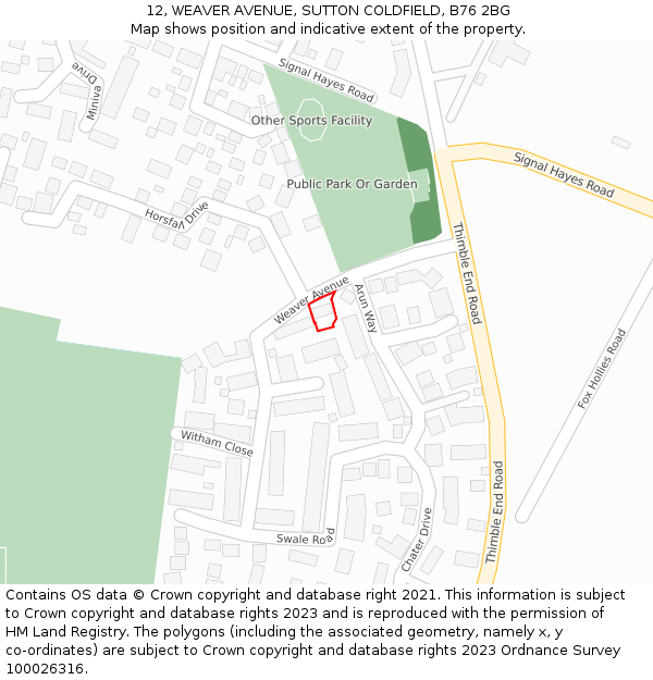 12, WEAVER AVENUE, SUTTON COLDFIELD, B76 2BG: Location map and indicative extent of plot