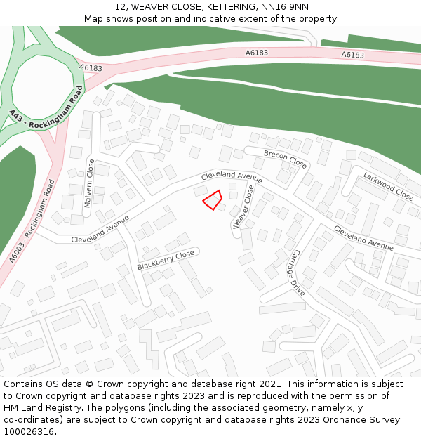 12, WEAVER CLOSE, KETTERING, NN16 9NN: Location map and indicative extent of plot