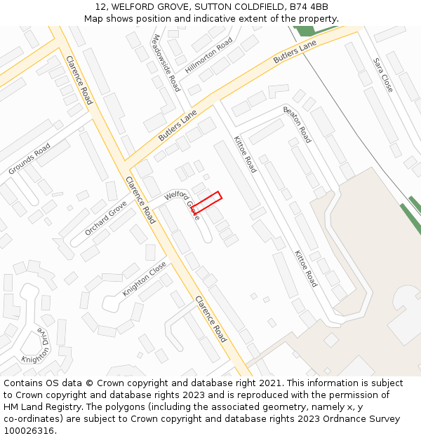 12, WELFORD GROVE, SUTTON COLDFIELD, B74 4BB: Location map and indicative extent of plot
