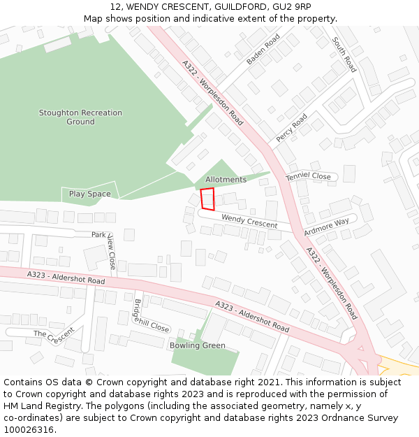 12, WENDY CRESCENT, GUILDFORD, GU2 9RP: Location map and indicative extent of plot