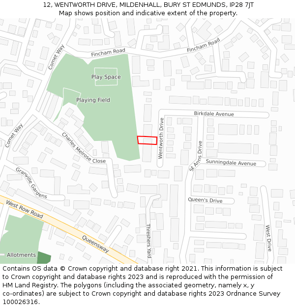 12, WENTWORTH DRIVE, MILDENHALL, BURY ST EDMUNDS, IP28 7JT: Location map and indicative extent of plot