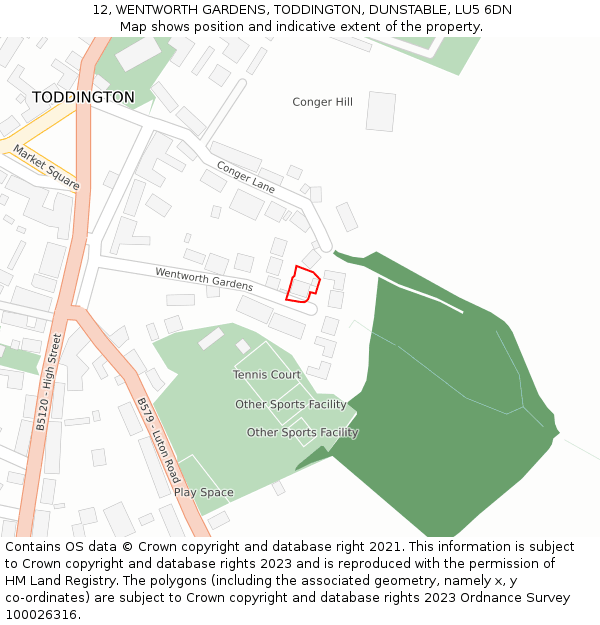 12, WENTWORTH GARDENS, TODDINGTON, DUNSTABLE, LU5 6DN: Location map and indicative extent of plot