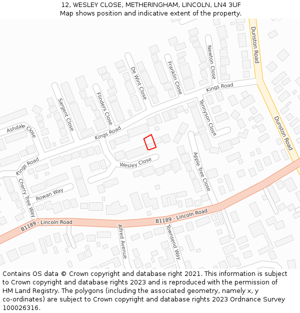 12, WESLEY CLOSE, METHERINGHAM, LINCOLN, LN4 3UF: Location map and indicative extent of plot