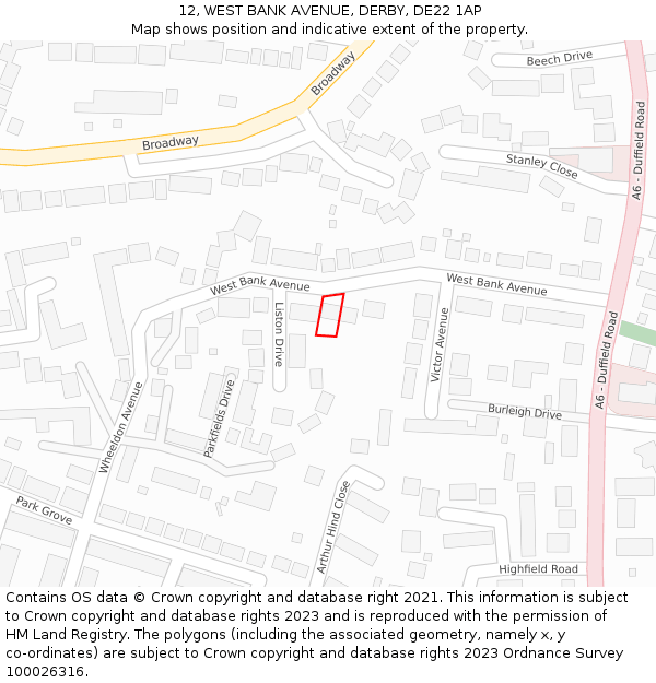 12, WEST BANK AVENUE, DERBY, DE22 1AP: Location map and indicative extent of plot