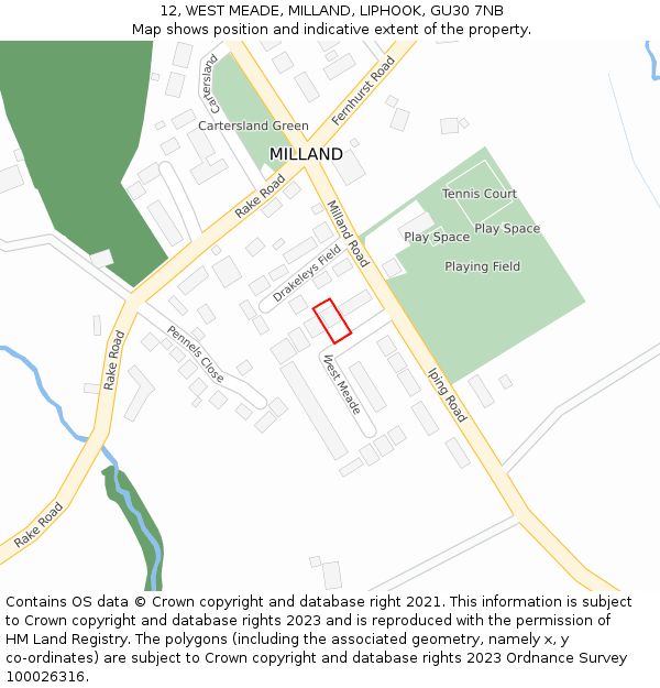 12, WEST MEADE, MILLAND, LIPHOOK, GU30 7NB: Location map and indicative extent of plot
