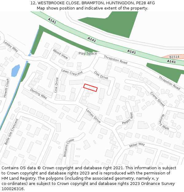 12, WESTBROOKE CLOSE, BRAMPTON, HUNTINGDON, PE28 4FG: Location map and indicative extent of plot
