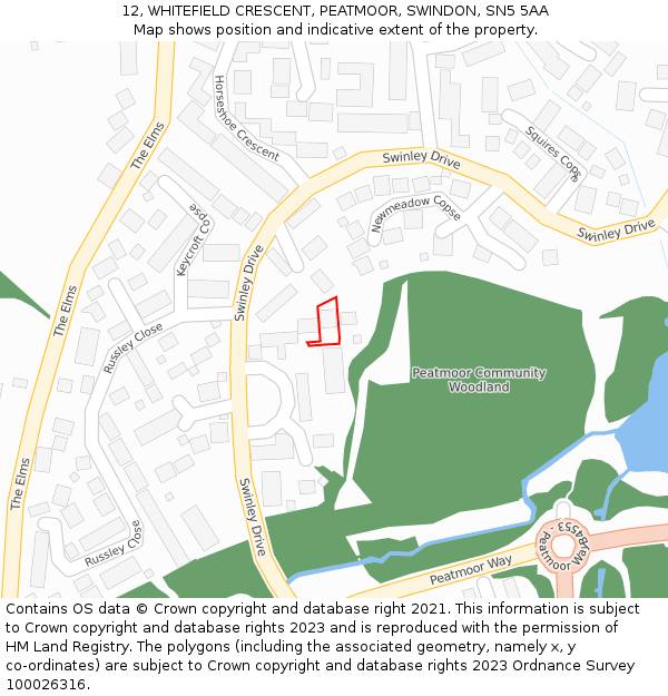 12, WHITEFIELD CRESCENT, PEATMOOR, SWINDON, SN5 5AA: Location map and indicative extent of plot