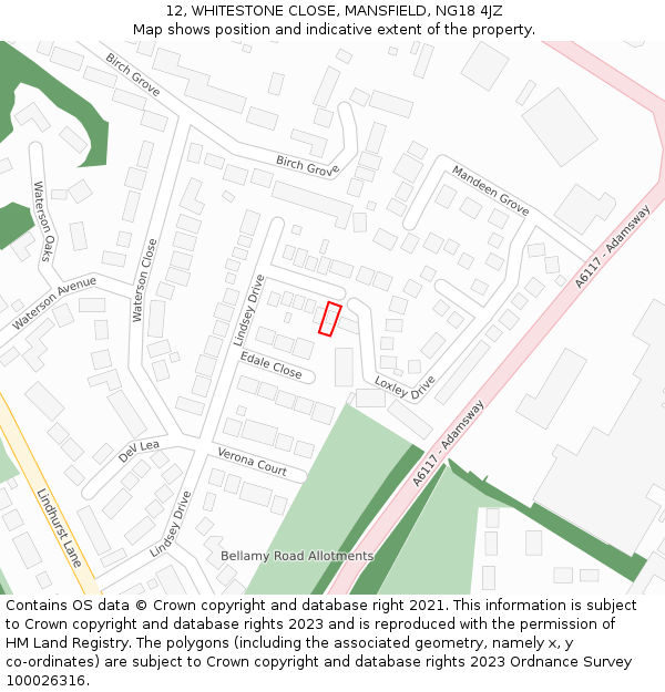 12, WHITESTONE CLOSE, MANSFIELD, NG18 4JZ: Location map and indicative extent of plot