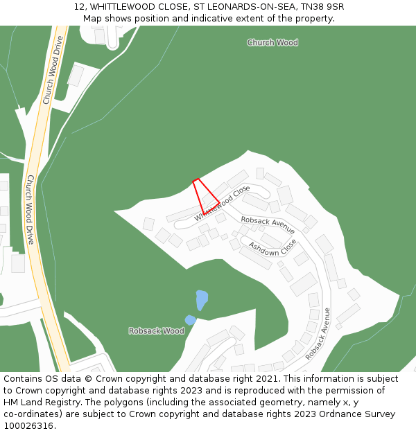 12, WHITTLEWOOD CLOSE, ST LEONARDS-ON-SEA, TN38 9SR: Location map and indicative extent of plot