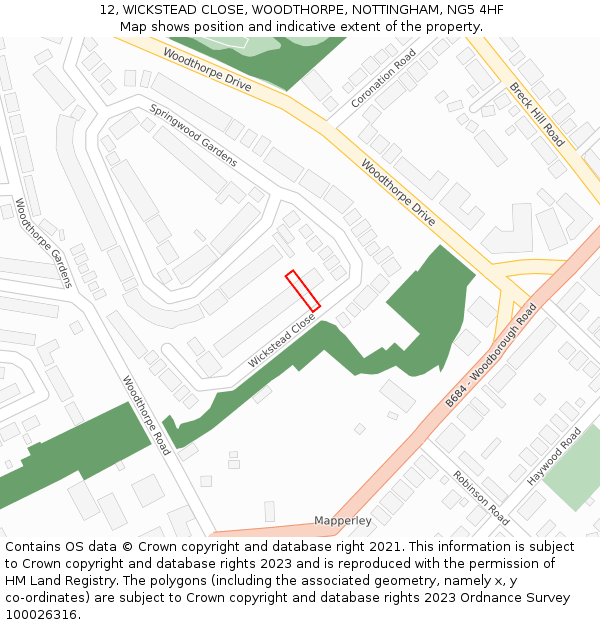 12, WICKSTEAD CLOSE, WOODTHORPE, NOTTINGHAM, NG5 4HF: Location map and indicative extent of plot