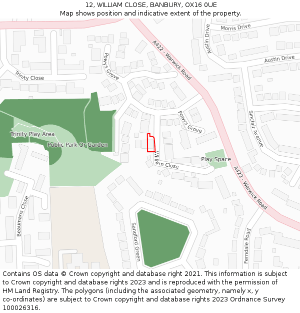 12, WILLIAM CLOSE, BANBURY, OX16 0UE: Location map and indicative extent of plot