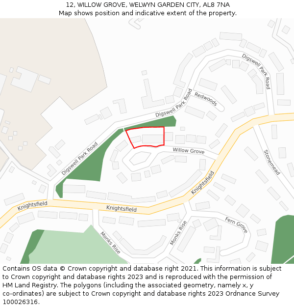 12, WILLOW GROVE, WELWYN GARDEN CITY, AL8 7NA: Location map and indicative extent of plot