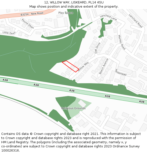 12, WILLOW WAY, LISKEARD, PL14 4SU: Location map and indicative extent of plot