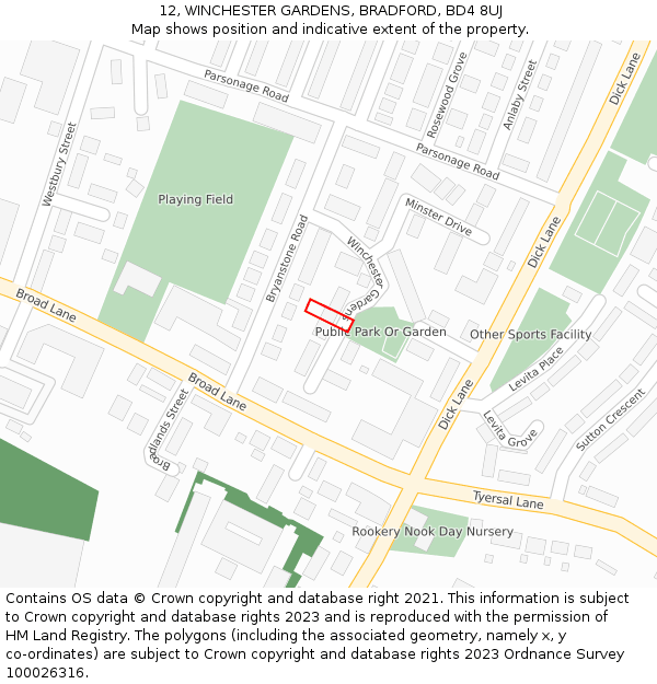 12, WINCHESTER GARDENS, BRADFORD, BD4 8UJ: Location map and indicative extent of plot