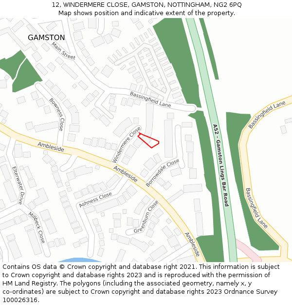 12, WINDERMERE CLOSE, GAMSTON, NOTTINGHAM, NG2 6PQ: Location map and indicative extent of plot