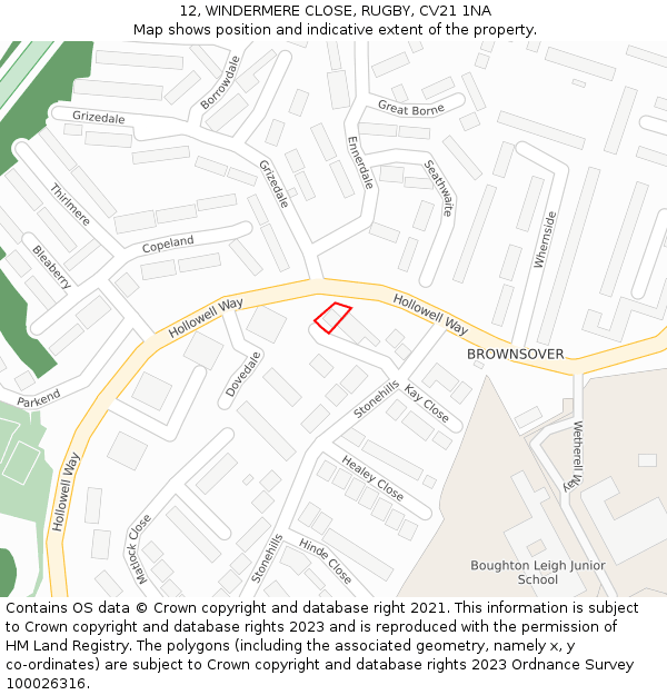 12, WINDERMERE CLOSE, RUGBY, CV21 1NA: Location map and indicative extent of plot