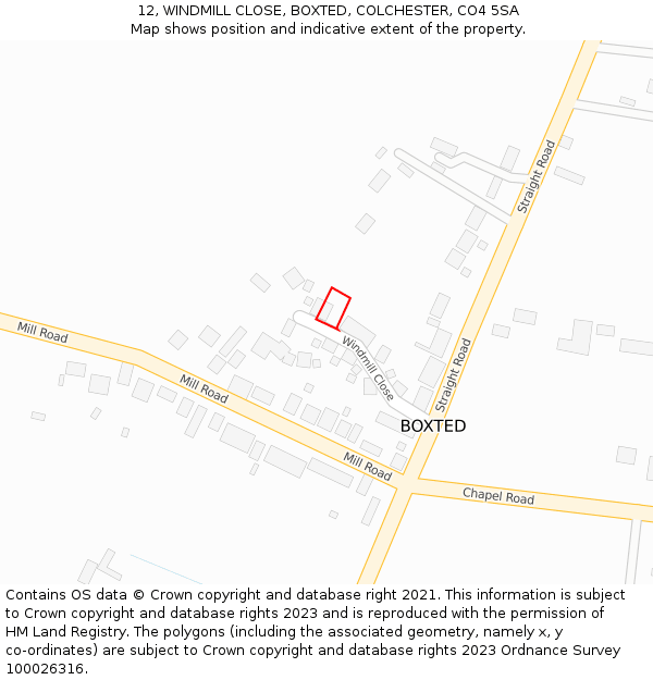 12, WINDMILL CLOSE, BOXTED, COLCHESTER, CO4 5SA: Location map and indicative extent of plot