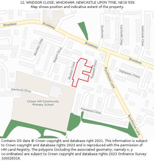 12, WINDSOR CLOSE, WHICKHAM, NEWCASTLE UPON TYNE, NE16 5SX: Location map and indicative extent of plot