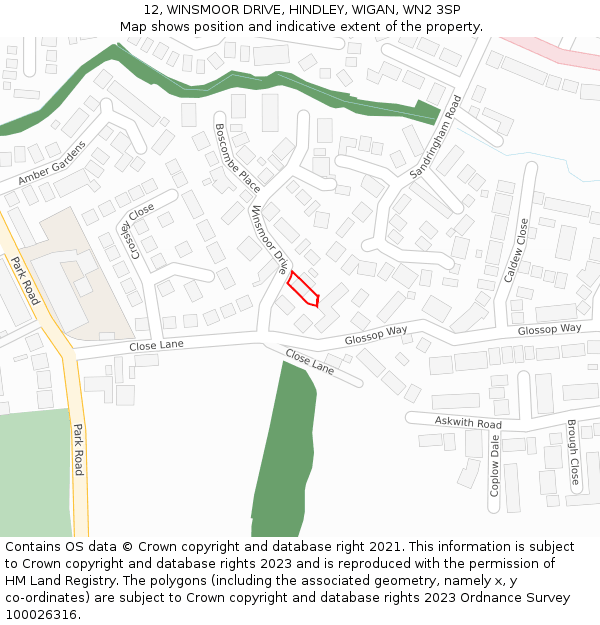 12, WINSMOOR DRIVE, HINDLEY, WIGAN, WN2 3SP: Location map and indicative extent of plot