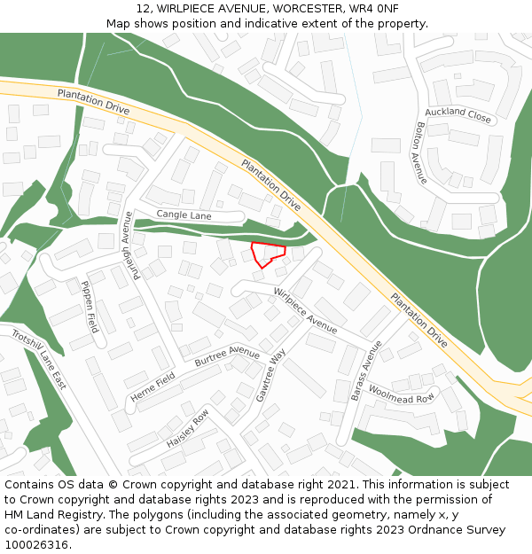 12, WIRLPIECE AVENUE, WORCESTER, WR4 0NF: Location map and indicative extent of plot